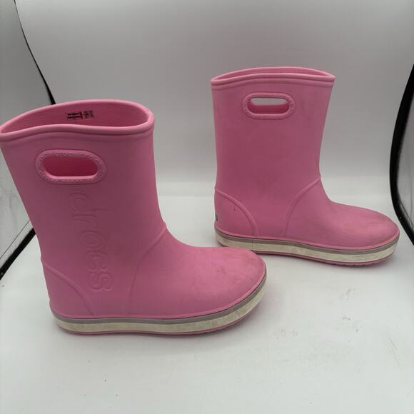 Crocs Rain Boots Big Girls Youth Size J 3 Pink Pull‎ On Handles - Picture 8 of 10